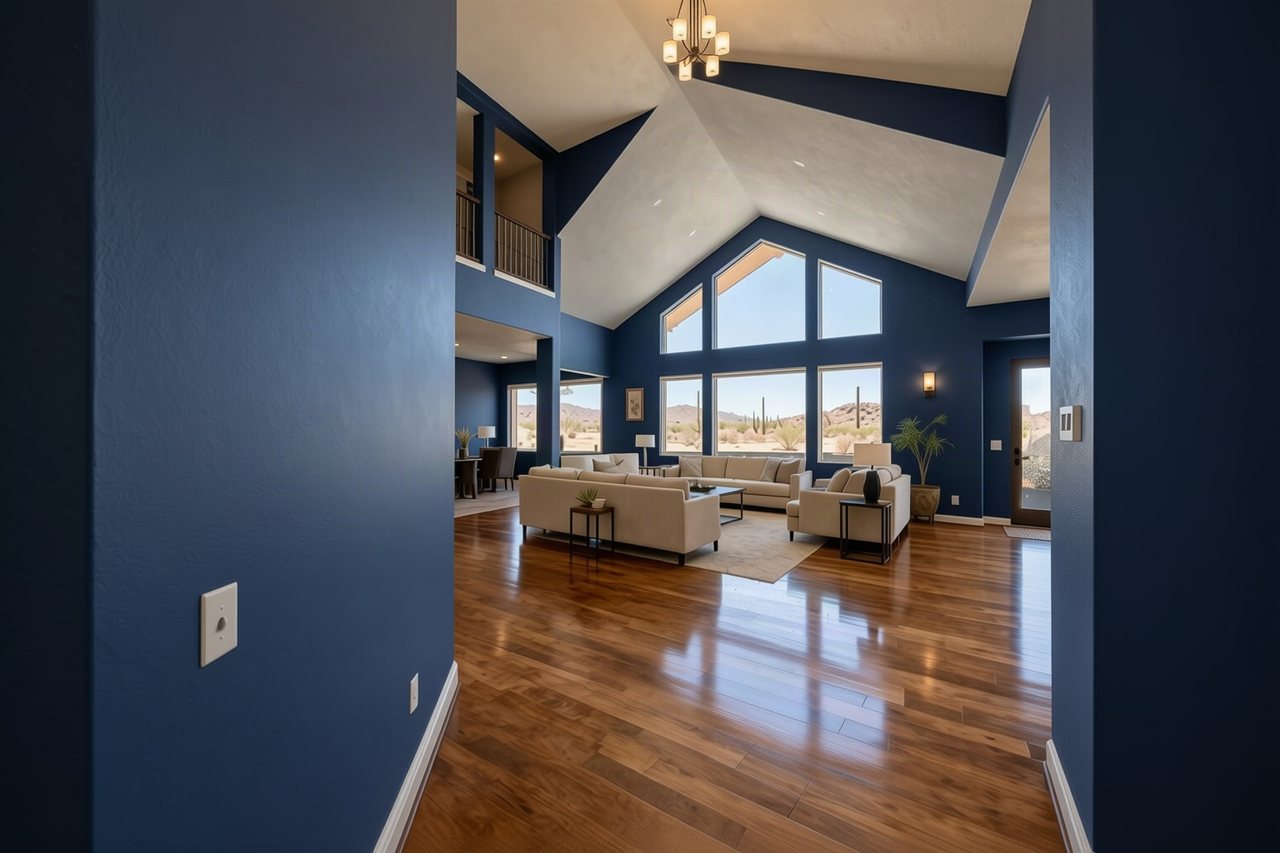 A living room painted Hale Navy