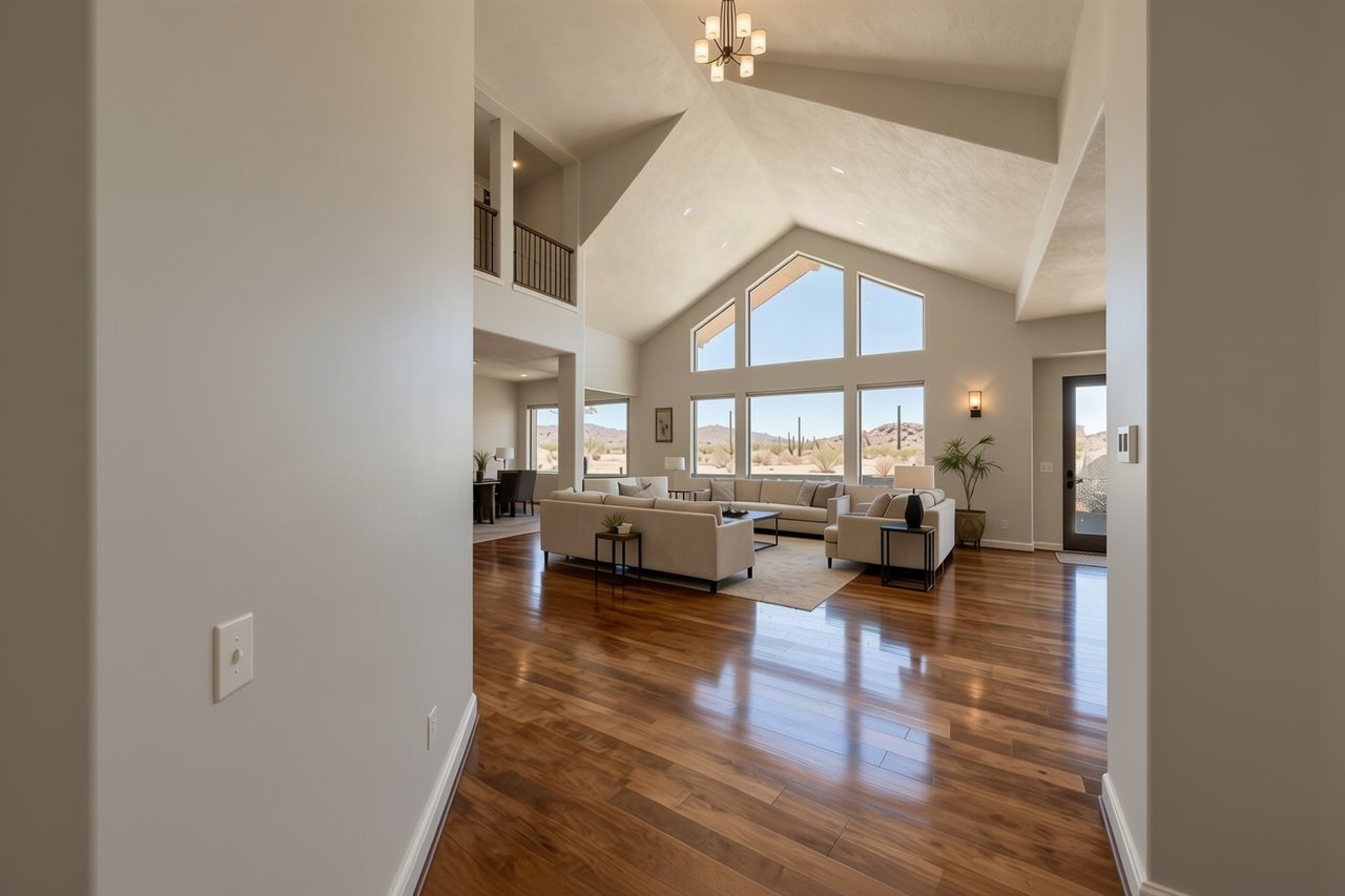 A living room painted Revere Pewter