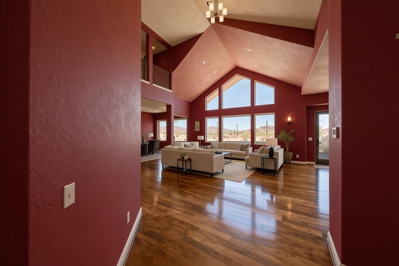 A living room painted Rookwood Red
