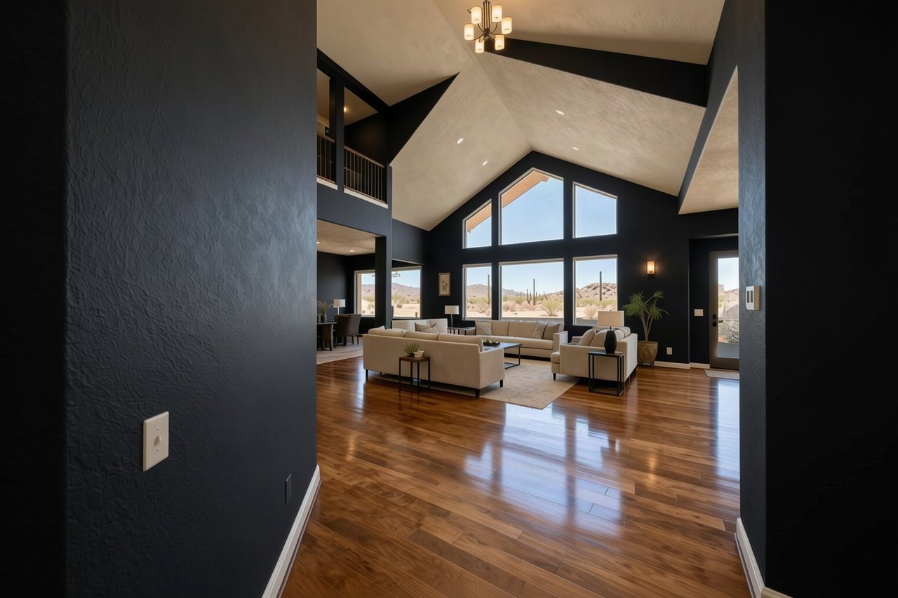 A living room painted Tricorn Black